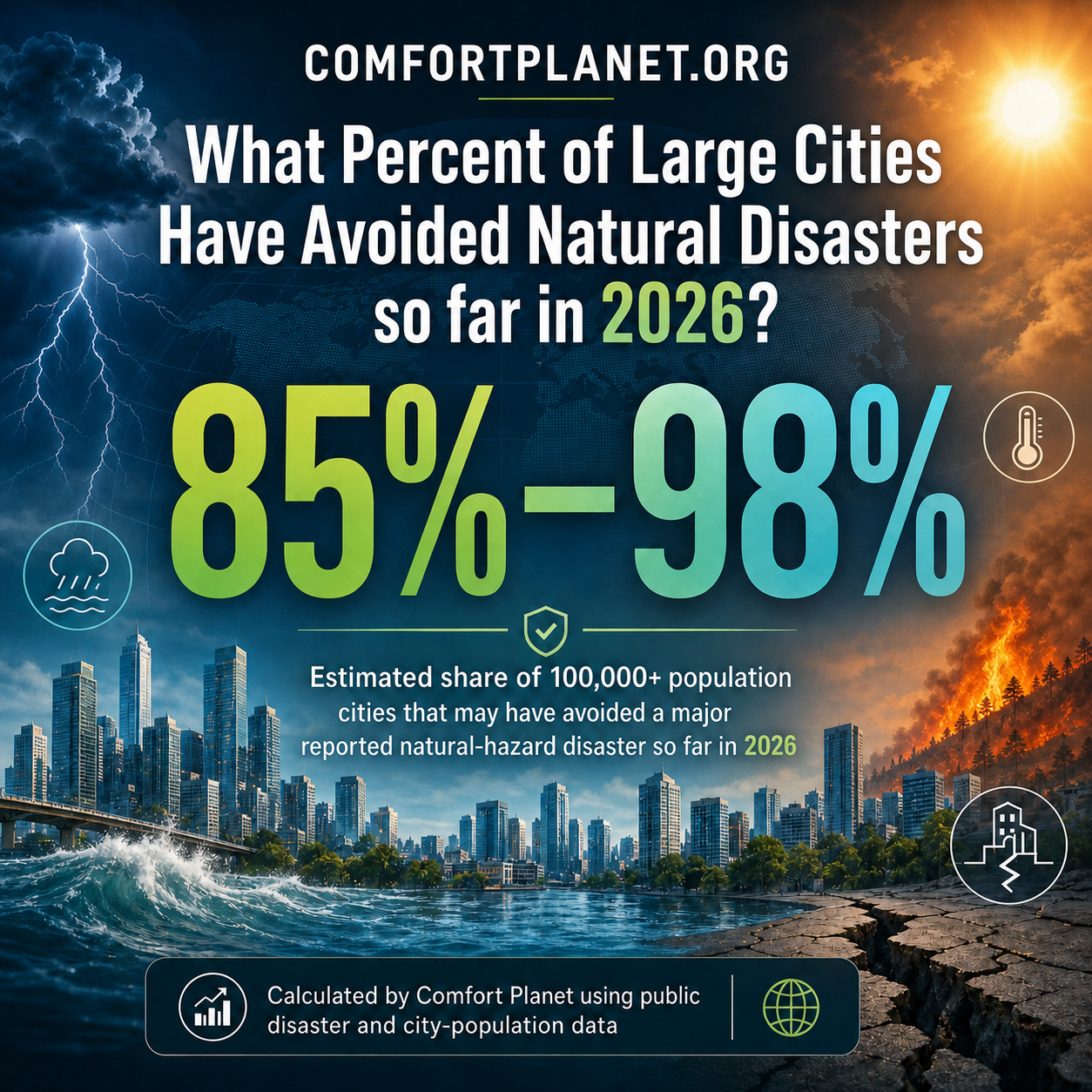 Comfort Planet estimate for large cities avoiding major reported natural disasters so far in 2026