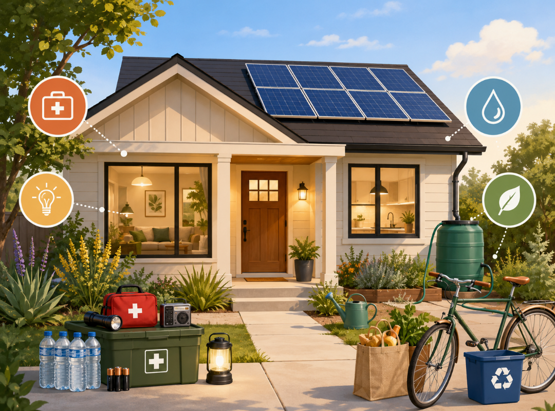 Climate-ready home with emergency supplies, energy savings, water conservation, and low-carbon living