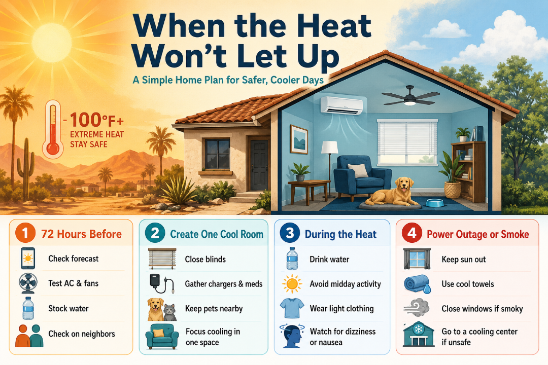 A simple home heat plan for safer, cooler days. Learn how to prepare one cool room, reduce indoor heat, handle power outages, and stay safer during heat waves and wildfire smoke.